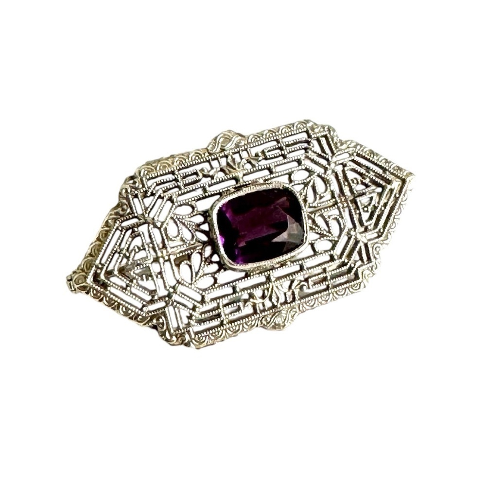 Art Deco 10K White Gold Brooch Filigree Amethyst Pin Ornate Victorian Vintage